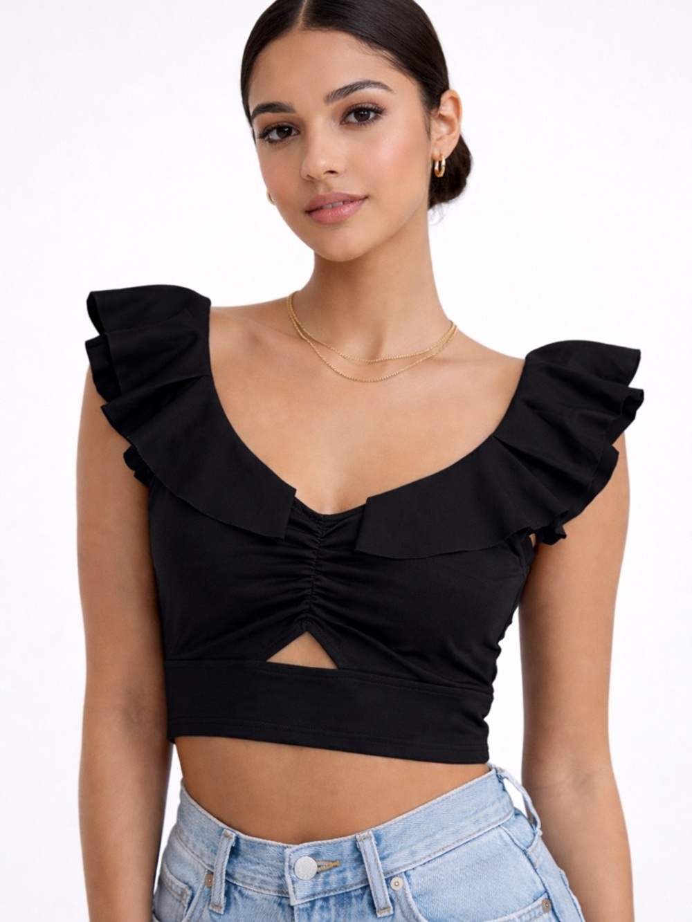 Black Ruffle V-Neck Crop Top with Front Cutout
